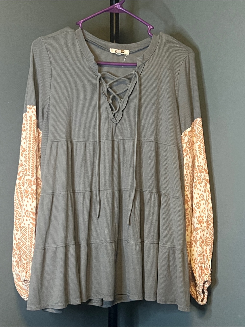 gimmicks by BKE Olive GreenLace-Up Tunic with Cream & Brown Patterned Sleeves